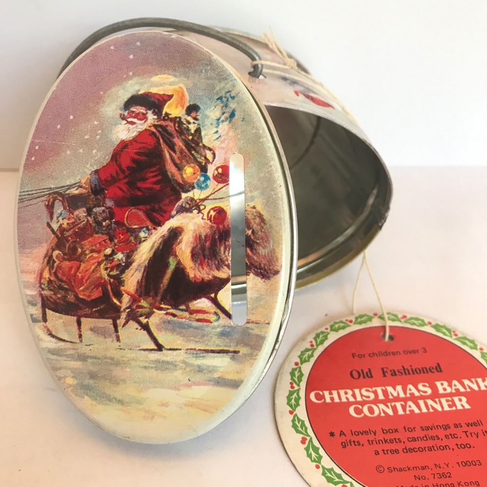 OLD FASHIONED CHRISTMAS BANK CONTAINER TIN NWT VTG